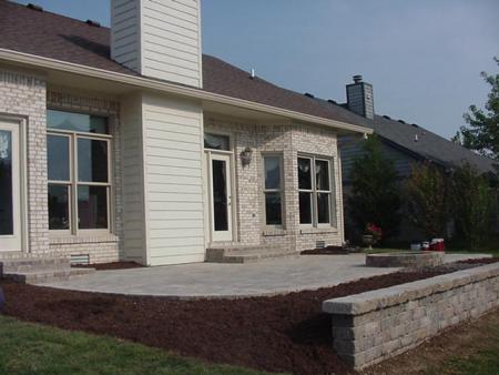 Raised Paver Patio w/ Hessit &#039;Lancaster Tumbled Stone&#039; Wall Used to Create a Planting Bed &amp; Seating Wall Overlooking the Lake